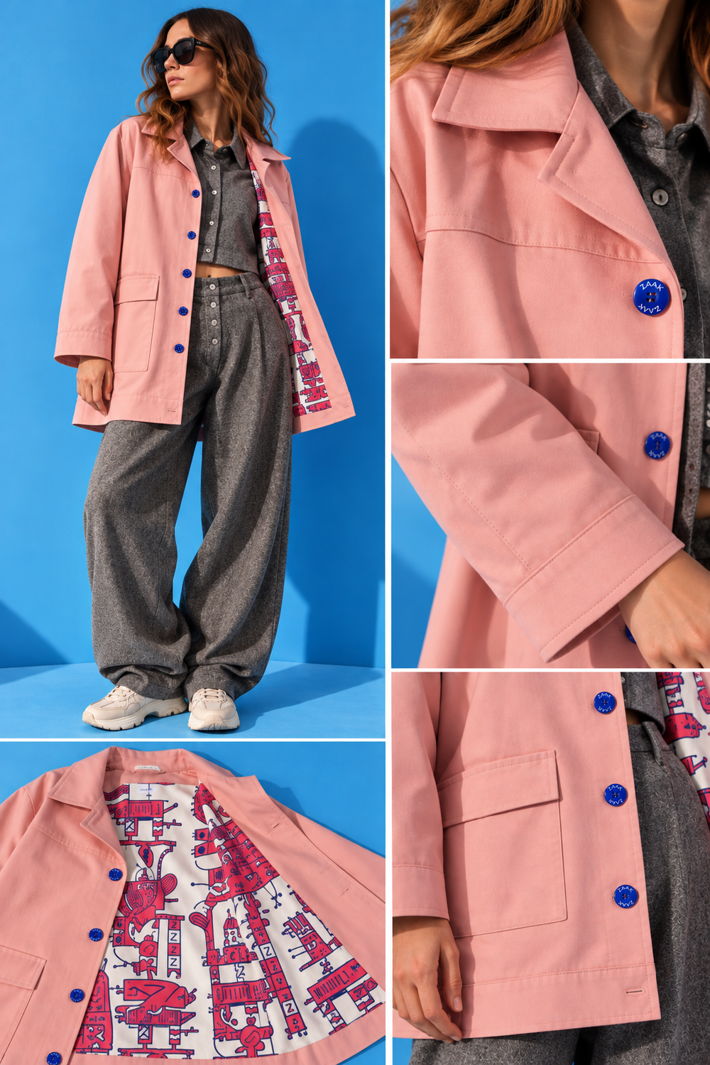 ZAAK pink statement jacket featuring signature blue buttons, colorful illustrated lining, front patch pockets and detailed stitching. Shown on a model with close-up views of the collar, cuffs and jacket details against a blue background.
