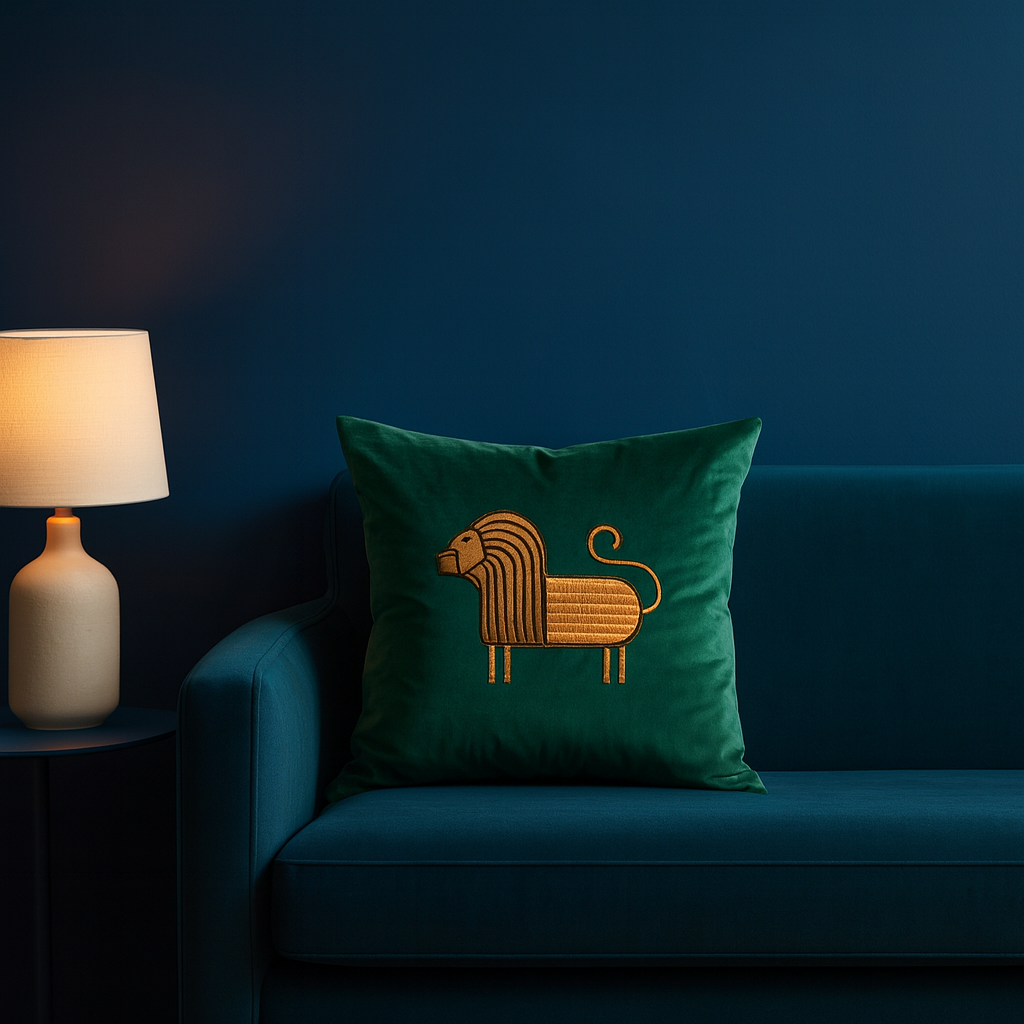 A square teal green throw pillow with an embroidered golden lion design, resting on a matching teal sofa next to a lit table lamp against a dark blue wall.