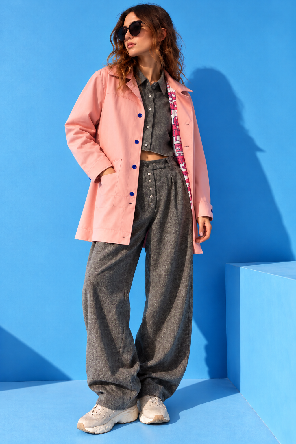 Model wearing a ZAAK pink jacket with hand-embroidered details, blue buttons, colorful printed lining and front patch pockets, styled with wide-leg grey trousers against a blue background.