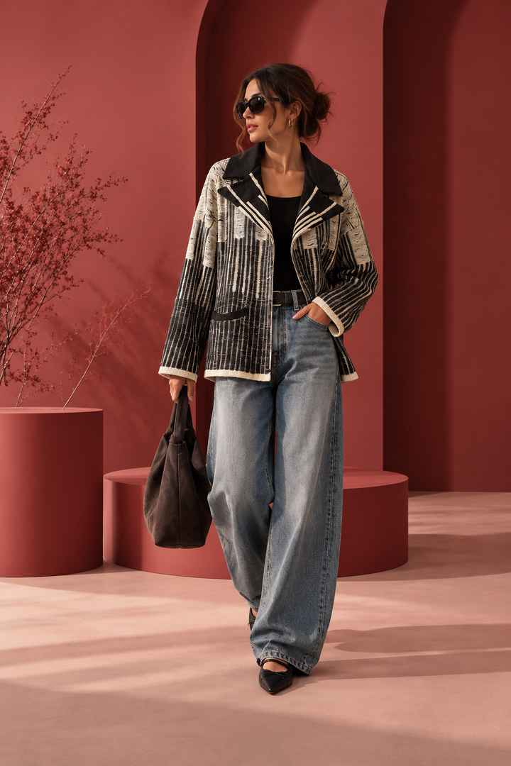 Model wearing the Chogha handmade textile jacket in black and ivory, styled with relaxed balloon jeans, black flats, and a contemporary bag against a terracotta studio backdrop.