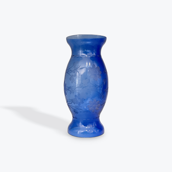 Handcrafted blue glass Mardangi candle holder with delicate floral detailing, 35.5 cm tall.