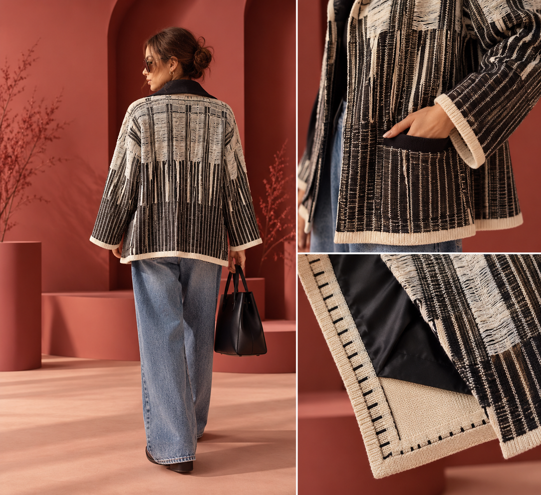Back view and close-up details of the Chogha handmade textile jacket in black and ivory, featuring intricate woven patterns, contrasting trim, front pockets, and black lining, styled on a model against a terracotta studio backdrop.