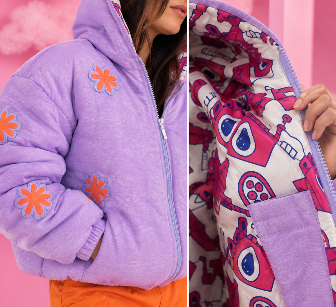 Close-up of lavender hooded puffer jacket showing orange floral appliqués and colorful printed interior lining