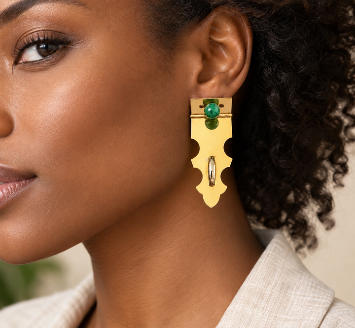 Handmade Gold-Plated Statement Earrings with Green Stone