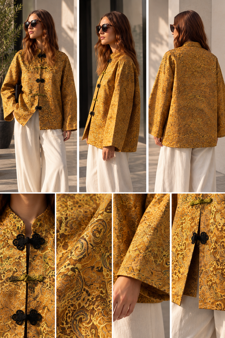 A woman modeling a mustard yellow and black paisley-patterned jacket with black frog closures, shown in multiple views including front, side, back, and close-up detail shots.