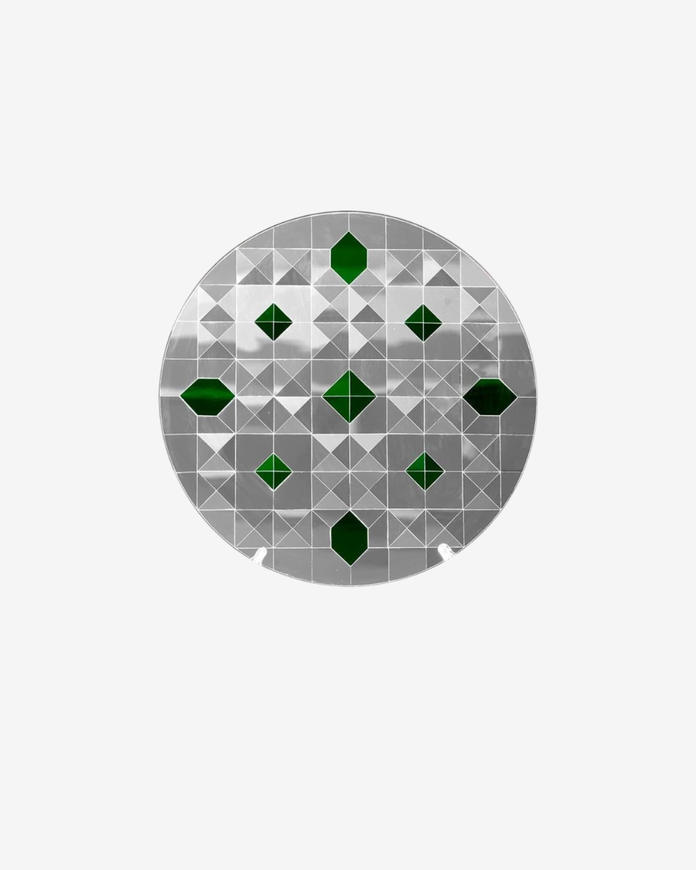 Handcrafted Persian Ayneh Kari mirror art with geometric mirror mosaic and green glass accents, 40 cm round decorative piece.