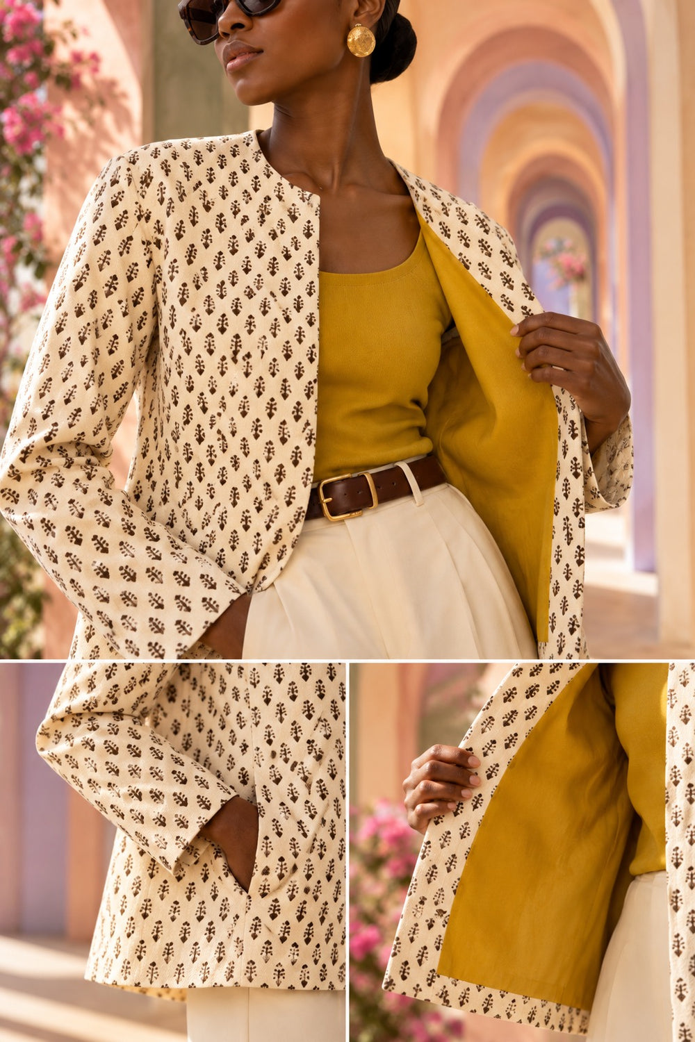 Close-up of the Ghalamkar textile jacket featuring traditional brown printed motifs, mustard yellow lining and functional side pocket.