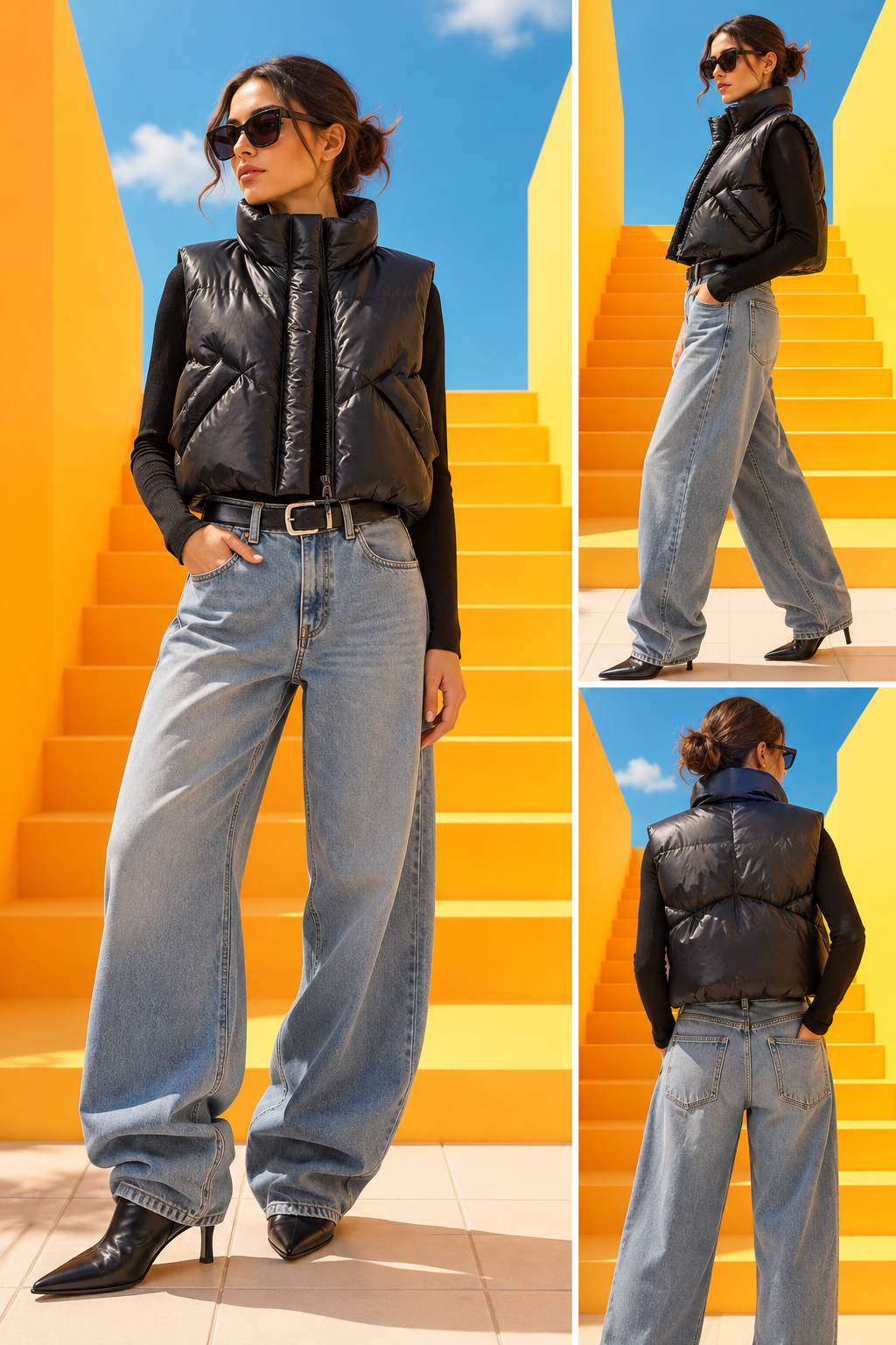 A model is shown in three views wearing a black quilted puffer vest over a black long-sleeve top, paired with light-wash wide-leg jeans and black pointed-toe heeled boots, set against a bright yellow outdoor staircase under a blue sky.