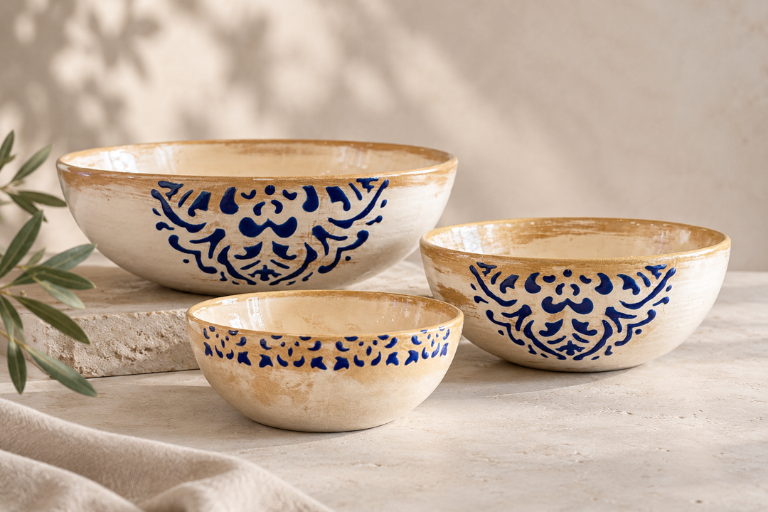 Hand-painted ceramic serving bowls in three sizes with cobalt blue mot