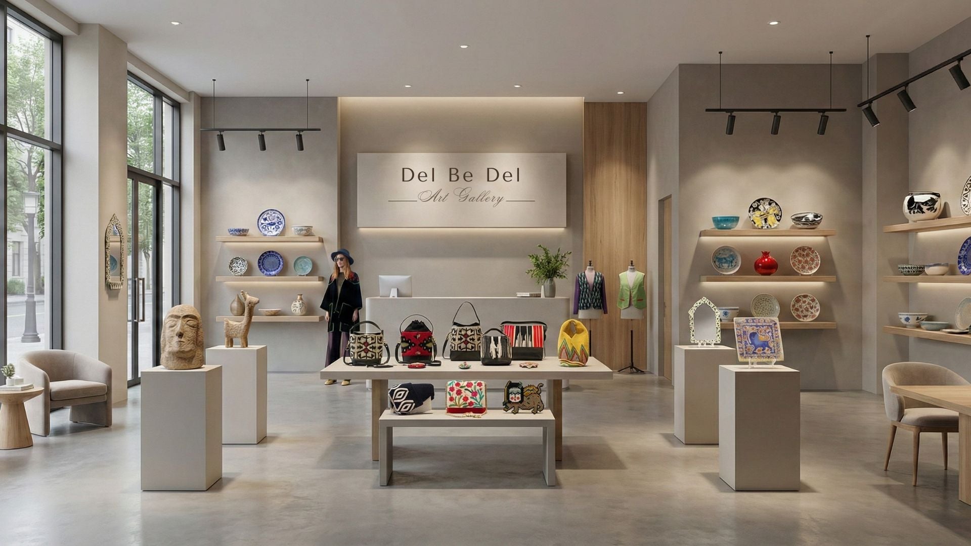 Modern interior of a store with 'Del Be Del' branding and various decorative items on shelves.