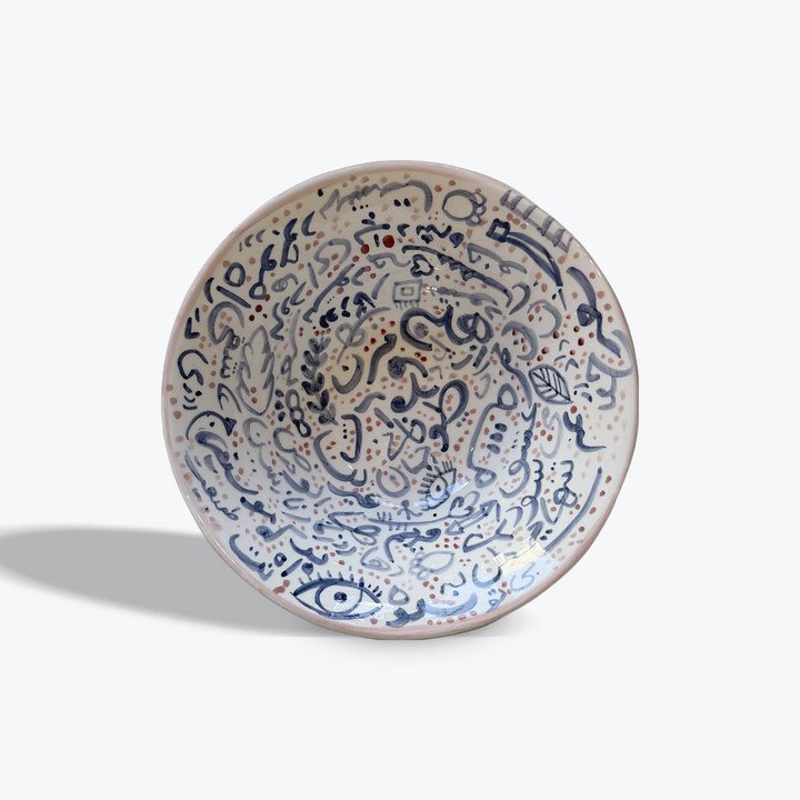 Hand-Inscribed Glazed Ceramic Bowl With Blue And Red Motifs, 24cm