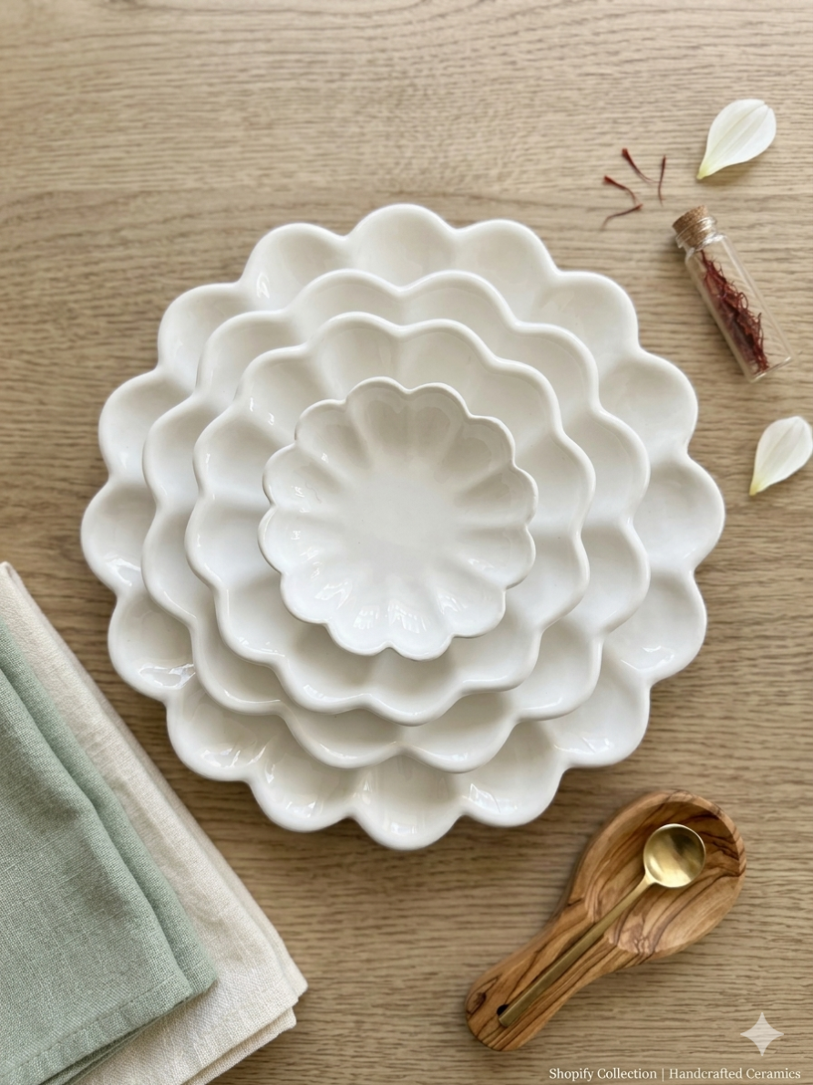 Three nested white ceramic plates with scalloped edges arranged on a light wood surface, styled with folded napkins, a small wooden spoon, dried flowers, and petals.