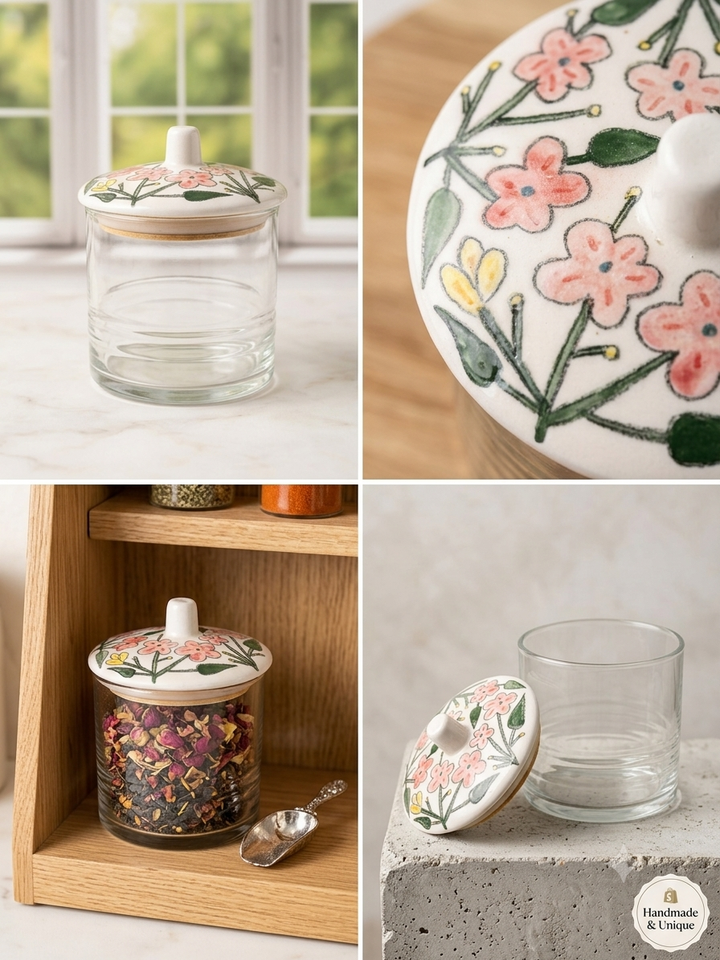A four-panel collage showing a clear glass jar with a white lid decorated with pink flowers and green leaves. The panels show the jar and lid by a window, a close-up of the floral lid, the jar filled with dried flowers on a wooden shelf, and the lid resting beside an empty clear glass tumbler.