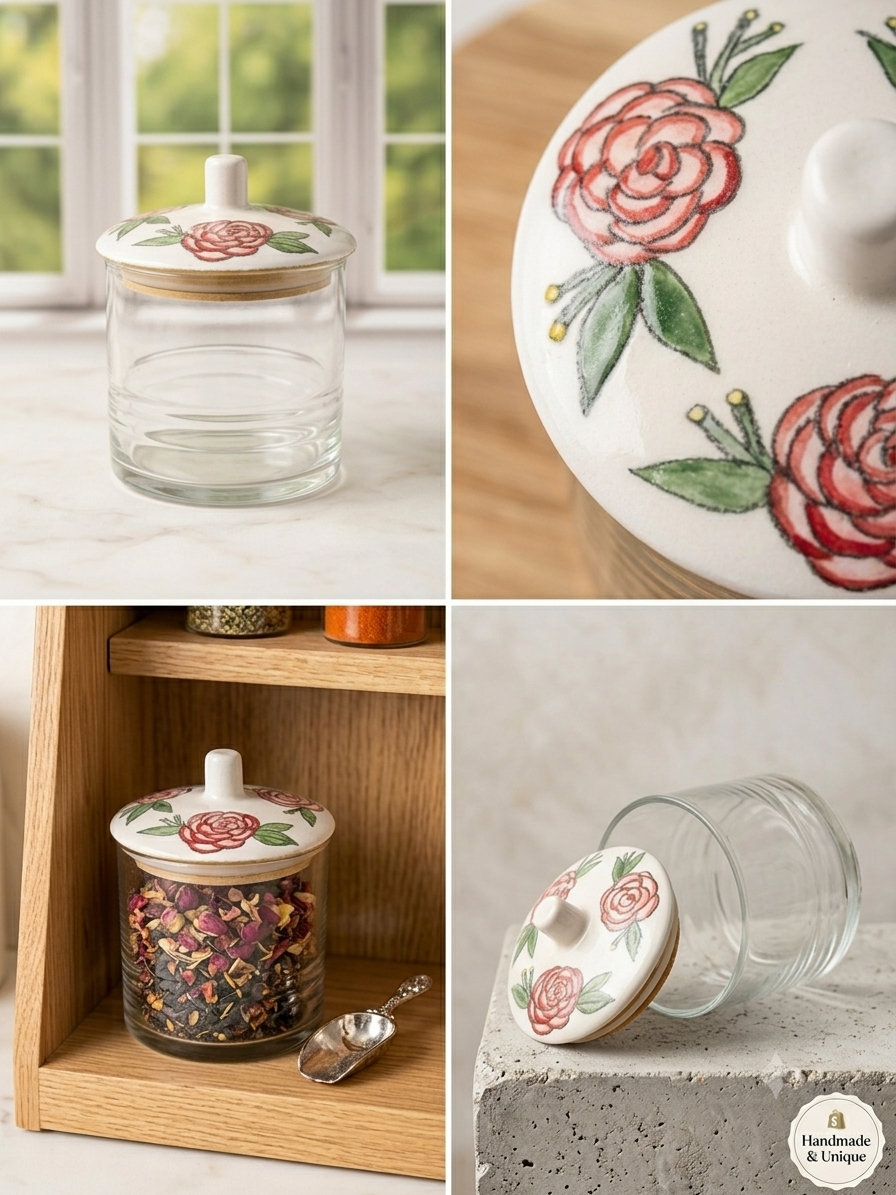 A four-panel collage showing a clear glass jar with a white ceramic lid decorated with pink roses and green leaves. The panels show the full jar on a countertop near a window, a close-up of the lid, the jar stored on a wooden shelf with dried flowers, and the jar tipped on its side on a stone surface.