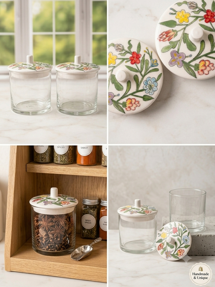 A four-panel collage showing clear glass canisters with floral-patterned lids in a kitchen setting. The top-left panel shows two canisters on a marble countertop near a window.