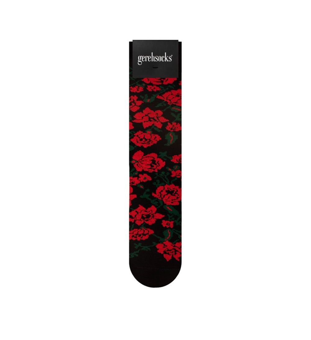 A single black sock with a red rose pattern, shown vertically against a plain white background. The top cuff features the brand name 'gerbilsocks' in white text.