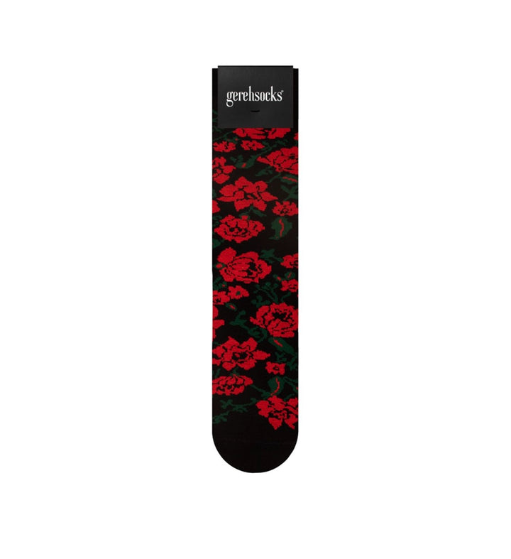 A single black sock with a red rose pattern, shown vertically against a plain white background. The top cuff features the brand name 'gerbilsocks' in white text.