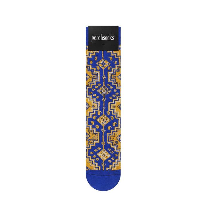 A single blue and gold patterned sock with a black header card displaying the 'gerehsocks' brand, shown against a plain white background.