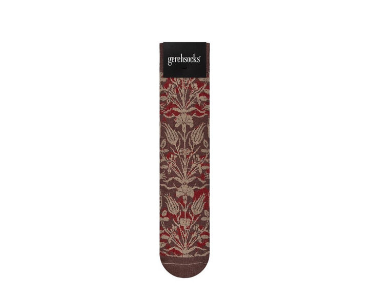 A single sock with an intricate floral damask pattern in red, brown, and beige, featuring a solid black cuff with the brand name 'gentlelifestyle' printed in white.