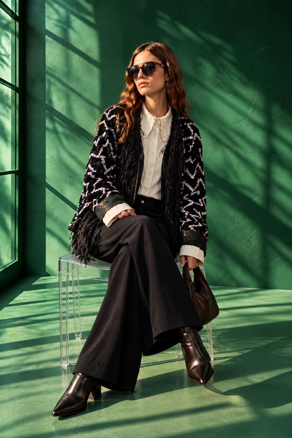 Model wearing the Zig Zag handcrafted black statement jacket featuring hand-sewn iridescent sequins and textured fringe detailing.